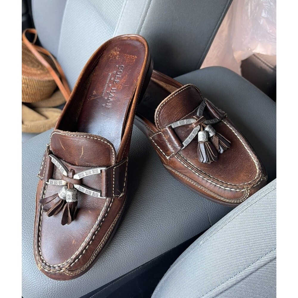 COLE HAAN Brown Leather Driving Slides Mules Tassle Loafers Shoes Size 8N